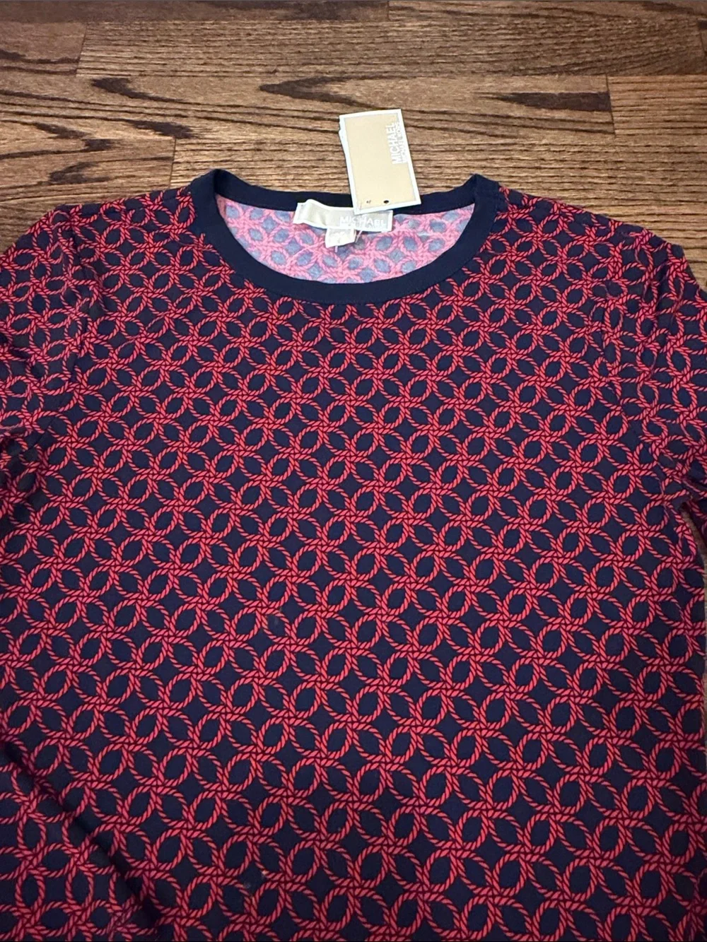 NWT Michael Kors Red & Navy Patterned Long-Sleeve Dress